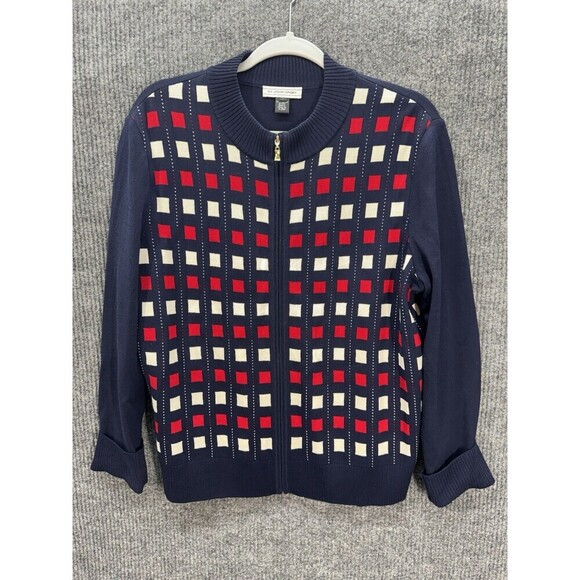 St John Sweaters - ST. JOHN Sport Wool Blend Cardigan Jacket Size Large Blue Red Full Zip Up Knit